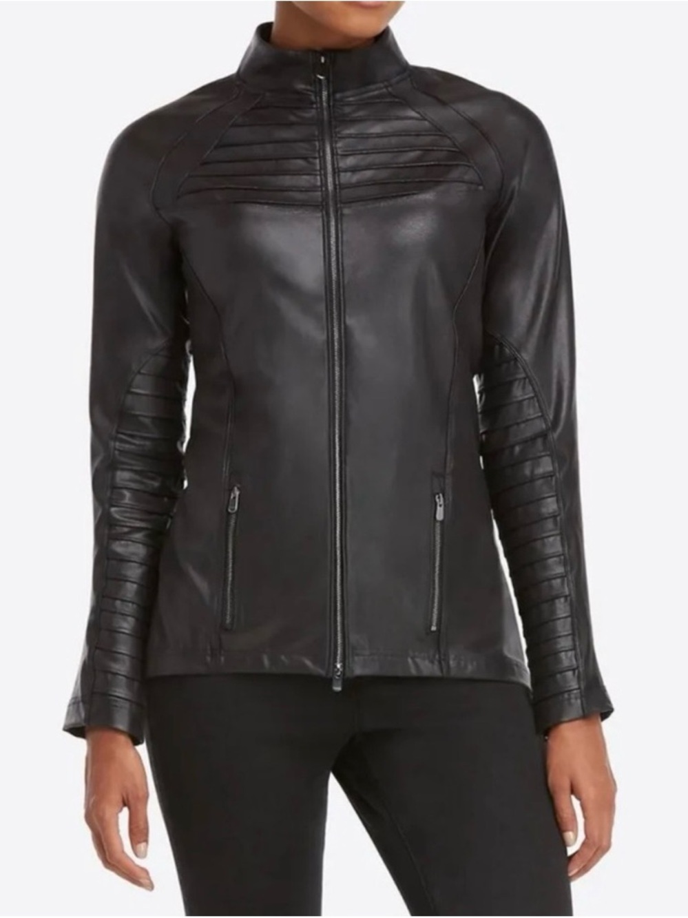 SPANX Black Quilted-Panel Zip Front Faux Leather Moto Jacket, Fitted, Size Small
